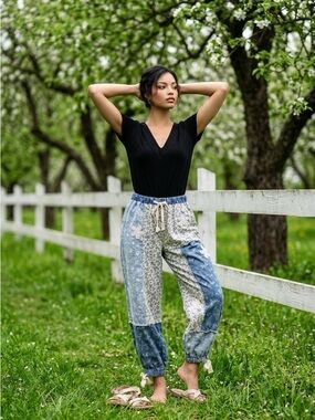 New-POL Boho Patchwork Jogger Pants in Blue and Cream